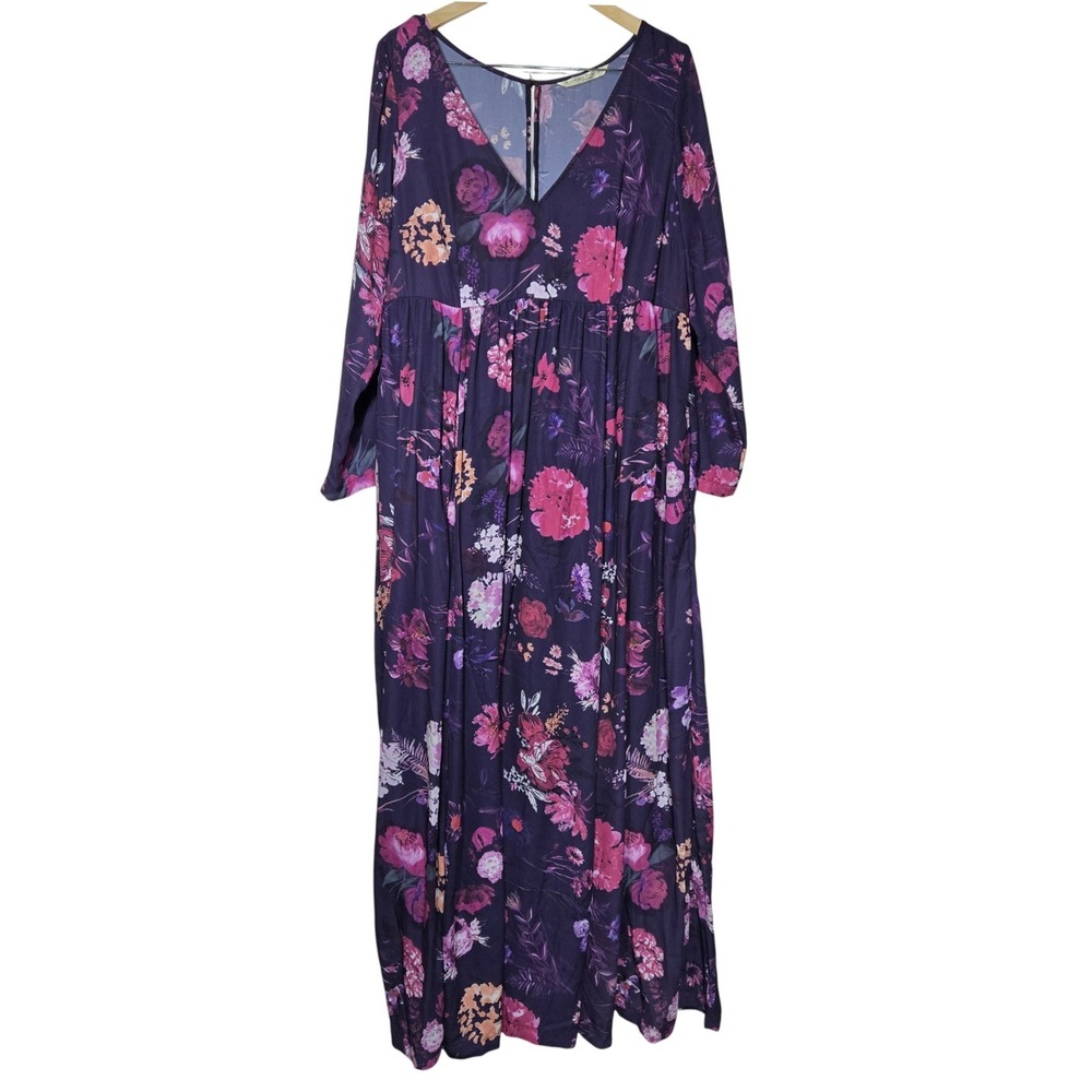 Wayward Fancies eShakti Purple Floral Maxi Dress 2X-20W Long Sleeve V-Neck Boho